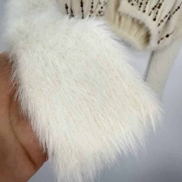 Anthropologie Knitted Knotted XS Crop Bolero Open Cardigan Ivory Sequined Fuzzy - Picture 5 of 12